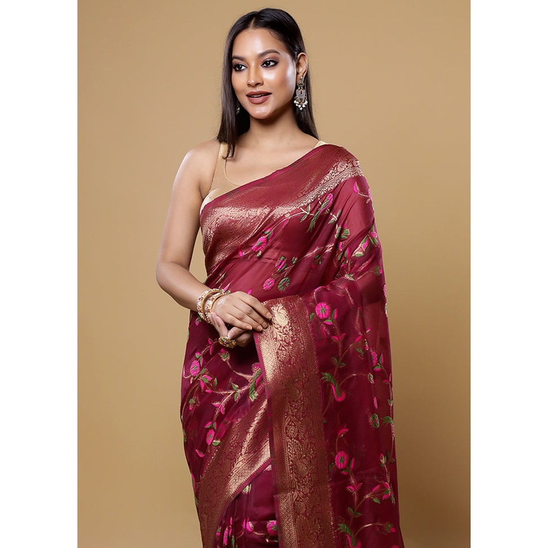 Purple Organza Saree With Blouse Piece - JD986613846