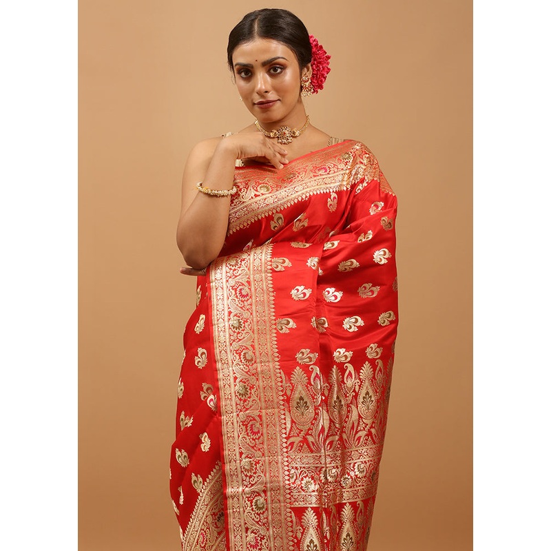 Red Handloom Banarasi Pure Silk Saree With Blouse Piece - JD986613876