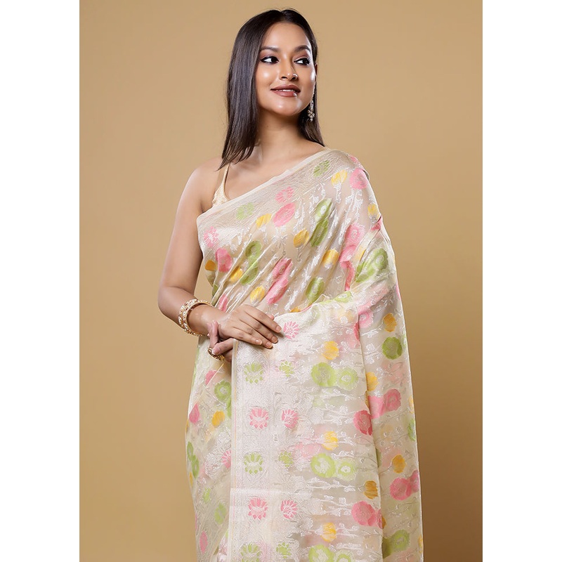 White Organza Saree With Blouse Piece - JD986613844
