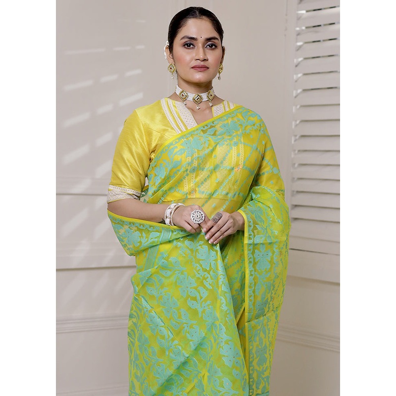 White Pure Tant Jamdani Saree Without Blouse Piece - JD986613886