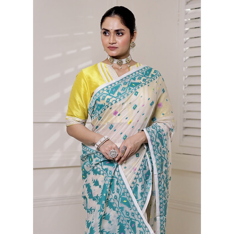 White Tant Jamdani Saree Without Blouse Piece - JD986613885