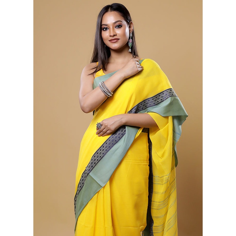 Yellow Cotton Saree With Blouse Piece - JD986613843