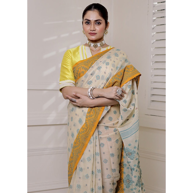 Yellow Cotton Saree With Blouse Piece - JD986613884