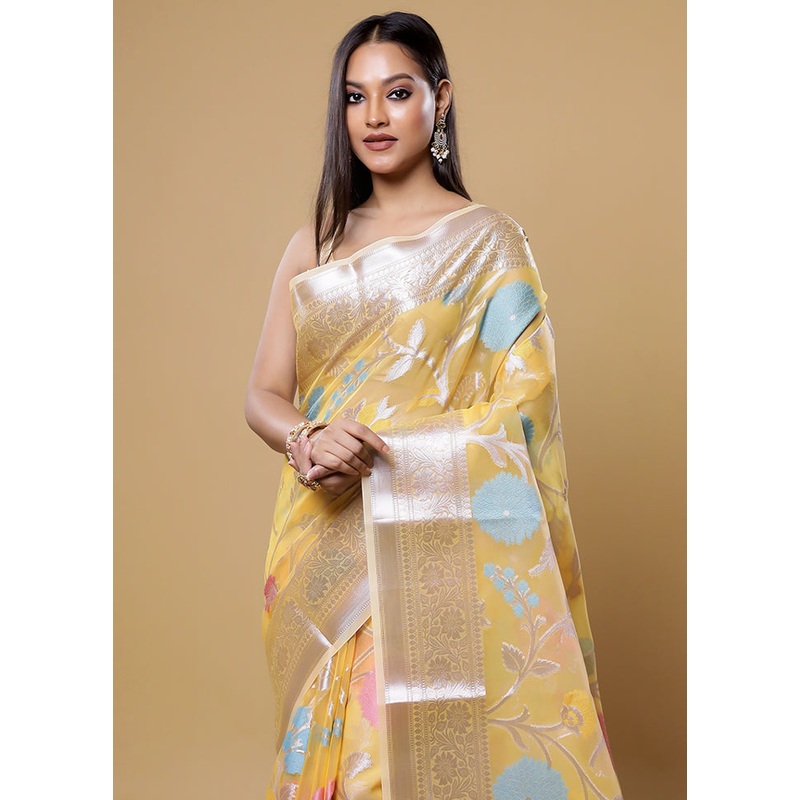 Yellow Organza Saree With Blouse Piece - JD986613842