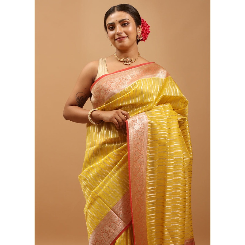 Yellow Organza Saree With Blouse Piece - JD986613875