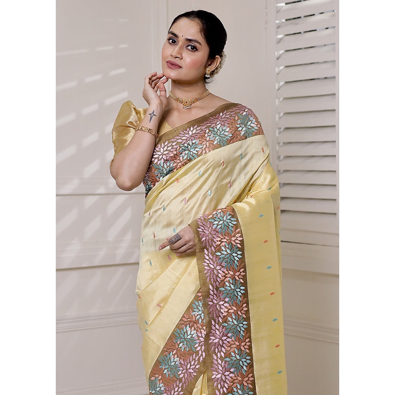 Yellow Tussar Silk Saree With Blouse Piece - JD986613883