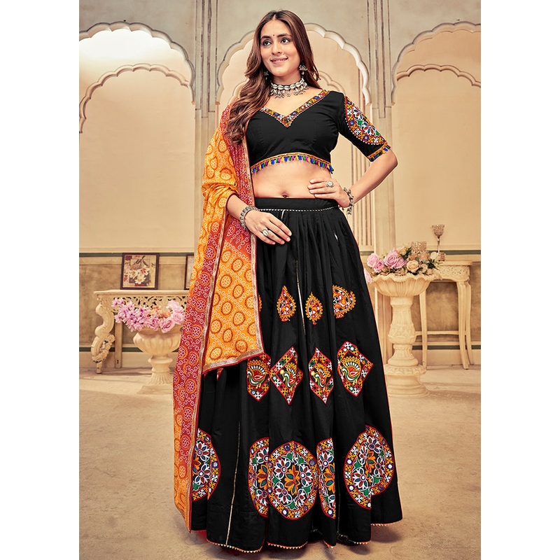 3 Pc Black Cotton Semi Stitched Lehenga Set - JD986613675