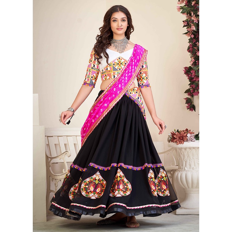 3 Pc Black Georgette Semi Stitched Lehenga Set - JD986613669