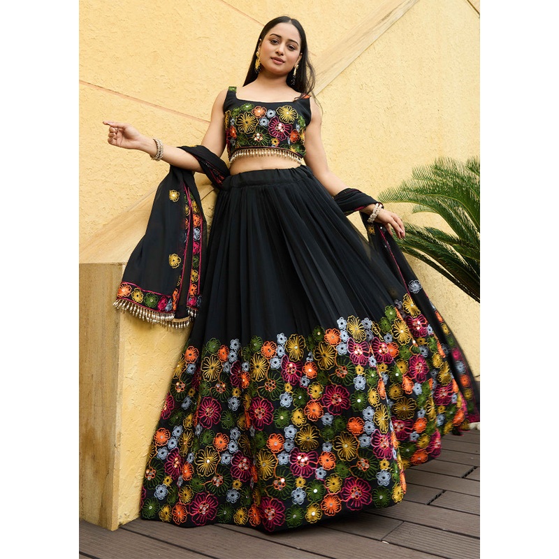 3 Pc Black Georgette Semi Stitched Lehenga Set - JD986613670