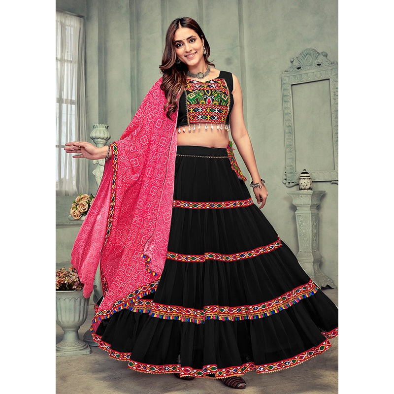 3 Pc Black Georgette Semi Stitched Lehenga Set - JD986613671