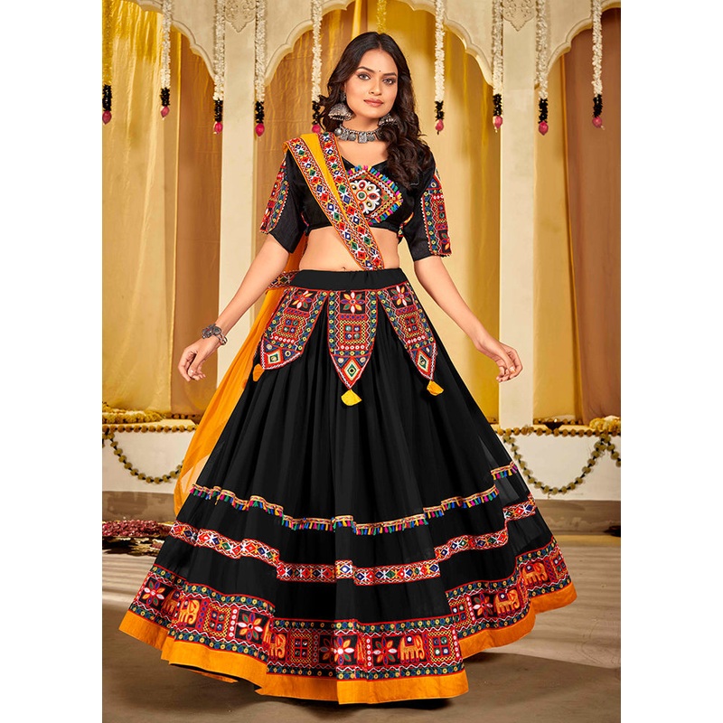 3 Pc Black Georgette Semi Stitched Lehenga Set - JD986613672