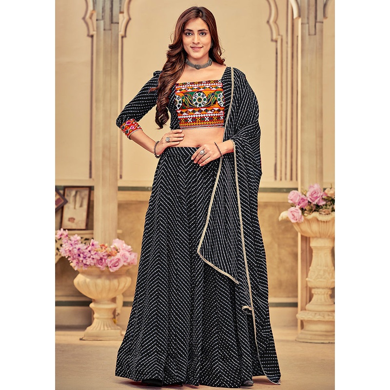 3 Pc Black Georgette Semi Stitched Lehenga Set - JD986613673