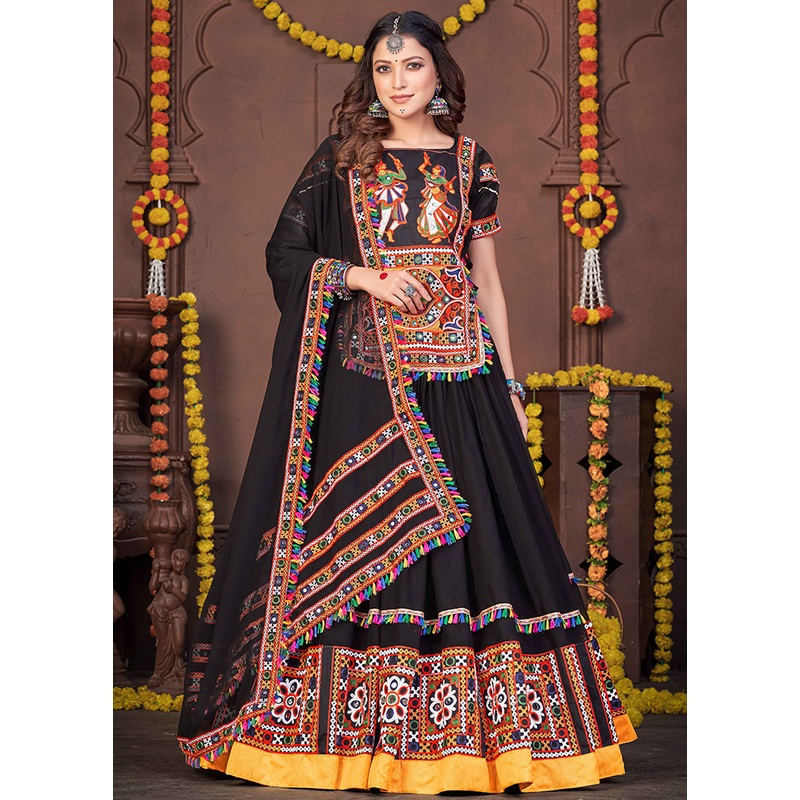 3 Pc Black Rayon Semi Stitched Lehenga Set - JD986613668