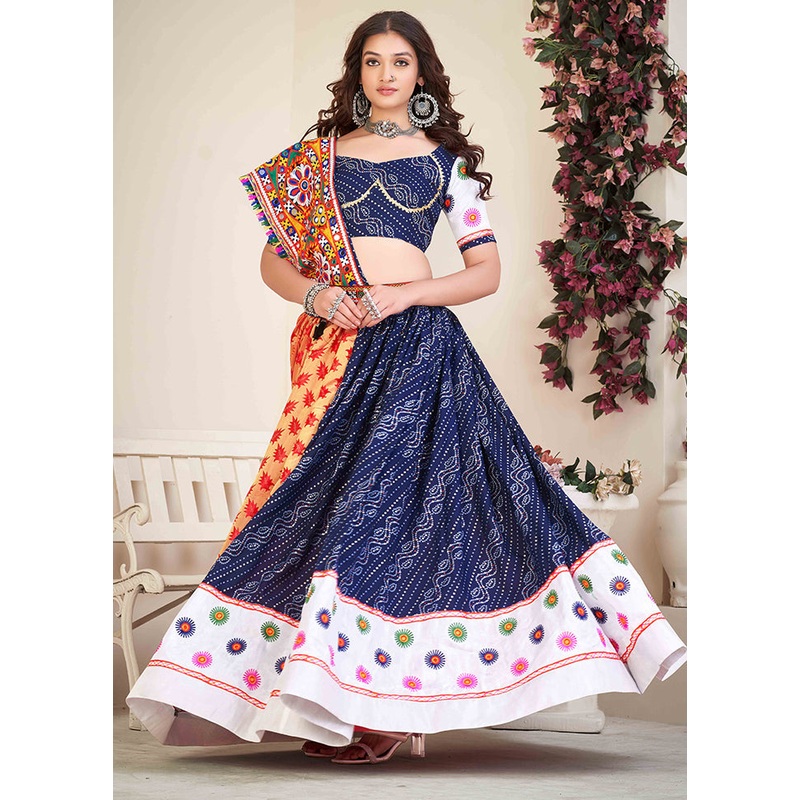 3 Pc Blue Cotton Semi Stitched Lehenga Set - JD986613666