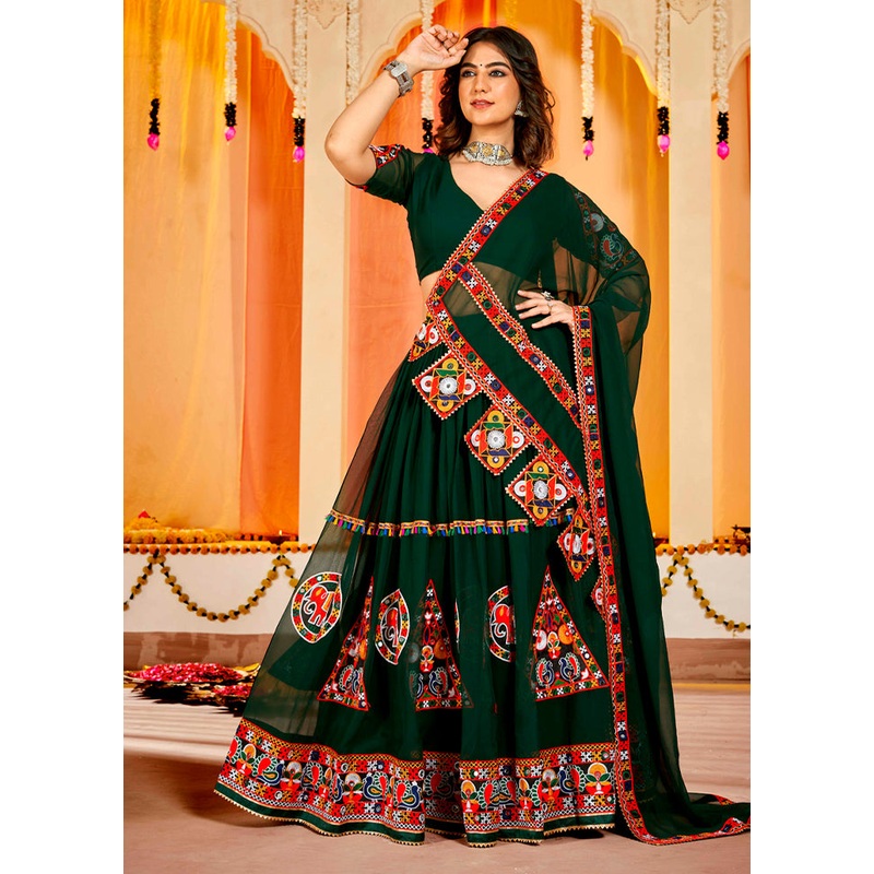3 Pc Green Georgette Semi Stitched Lehenga Set - JD986613664