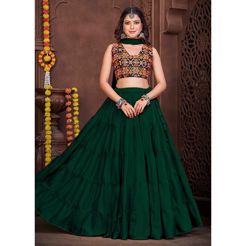 3 Pc Green Semi Stitched Lehenga Set - JD986613663