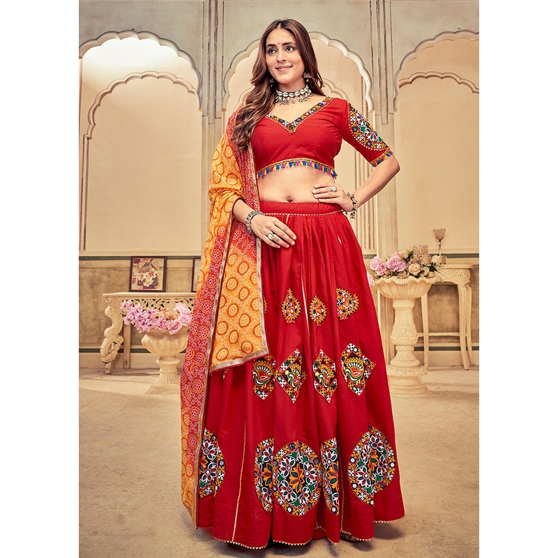 3 Pc Maroon Cotton Semi Stitched Lehenga Set - JD986613661