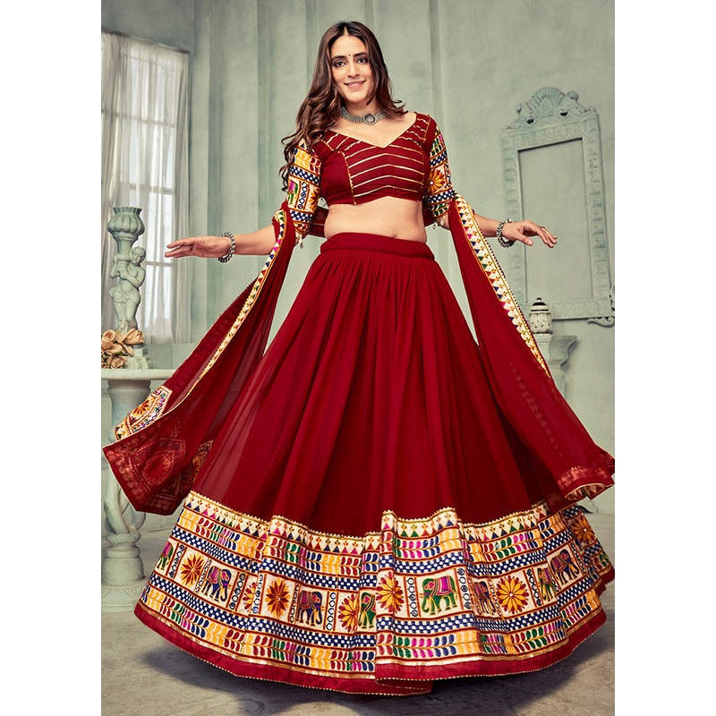 3 Pc Maroon Georgette Semi Stitched Lehenga Set - JD986613660