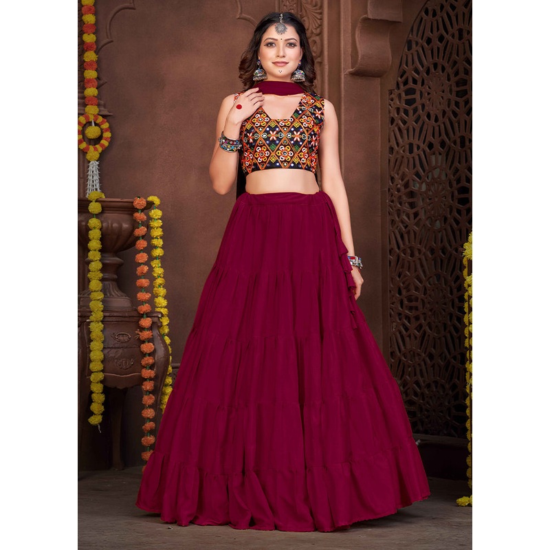 3 Pc Maroon Semi Stitched Lehenga Set - JD986613659