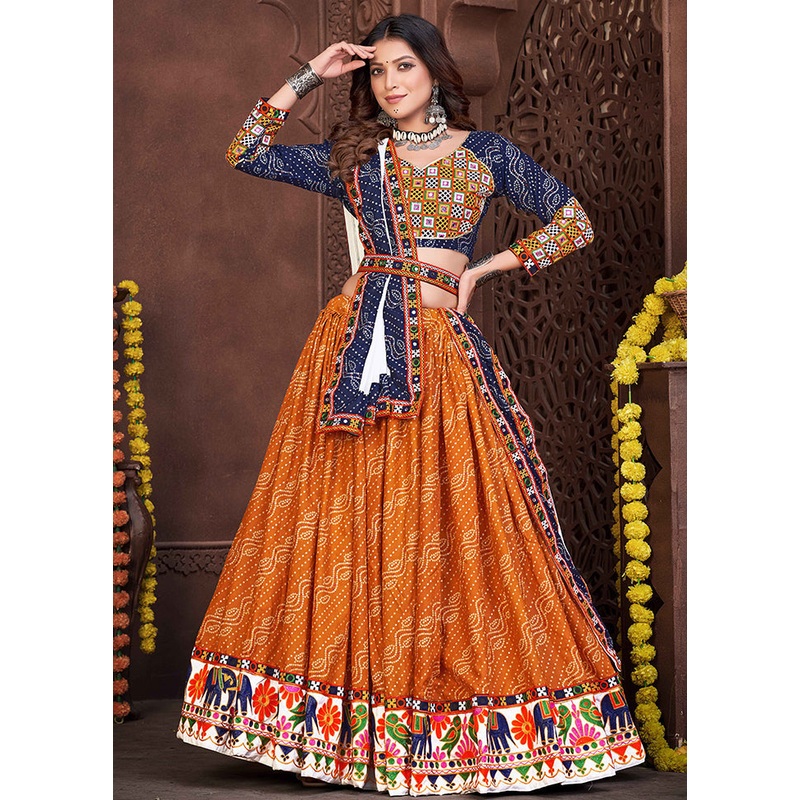 3 Pc Mustard Cotton Semi Stitched Lehenga Set - JD986613653