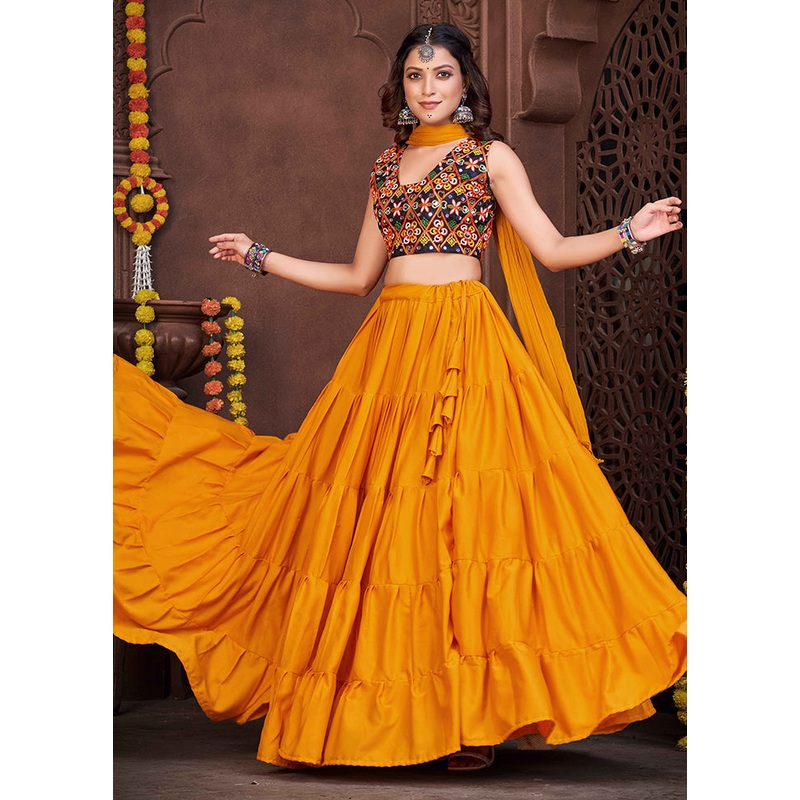 3 Pc Mustard Semi Stitched Lehenga Set - JD986613652