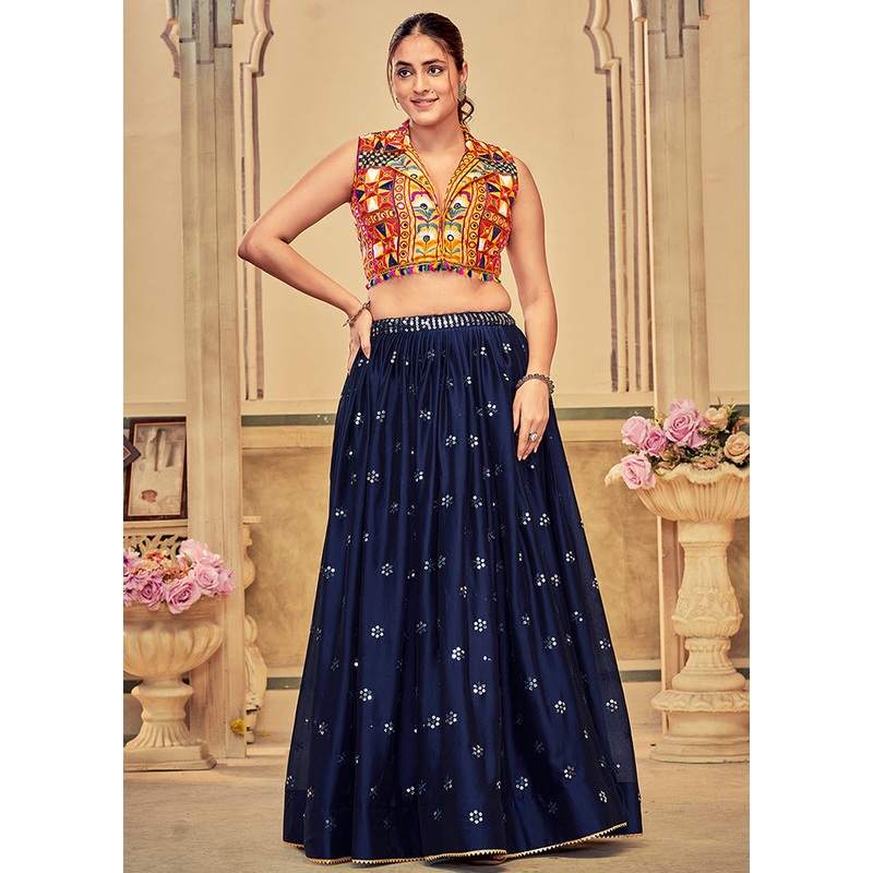 3 Pc Navy Blue Cotton Semi Stitched Lehenga Set - JD986613651