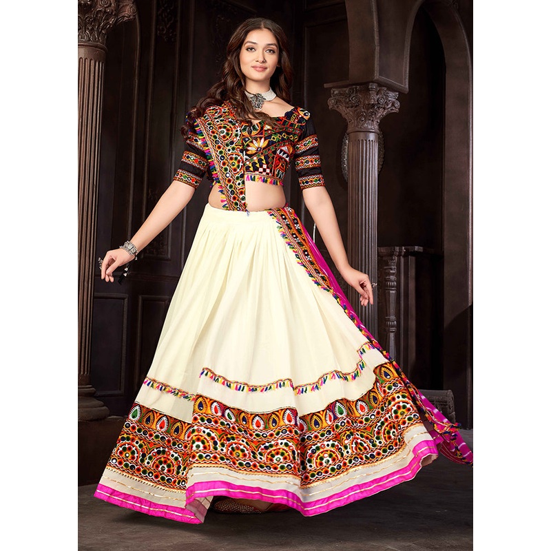3 Pc Off White Georgette Semi Stitched Lehenga Set - JD986613650