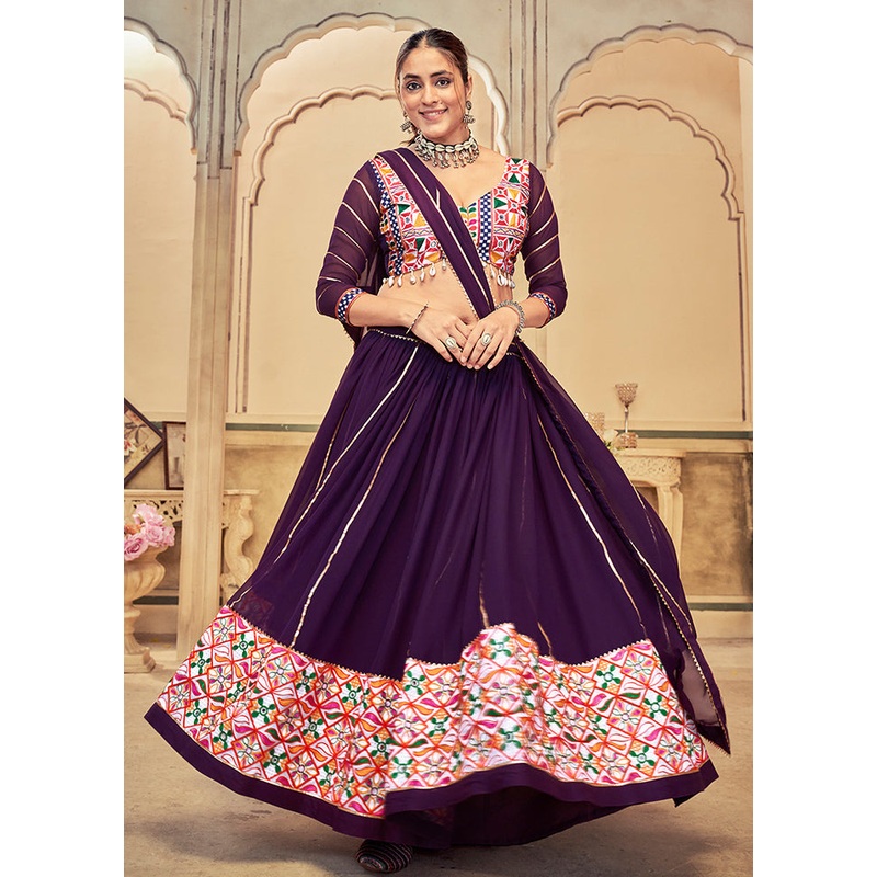 3 Pc Purple Georgette Semi Stitched Lehenga Set - JD986613646
