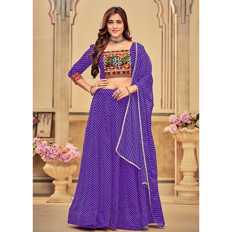 3 Pc Purple Georgette Semi Stitched Lehenga Set - JD986613647