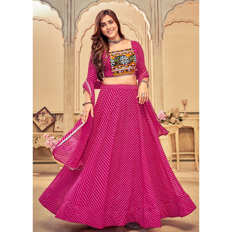 3 Pc Rani Pink Georgette Semi Stitched Lehenga Set - JD986613644