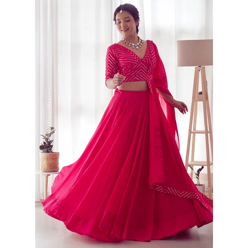 3 Pc Rani Pink Georgette Semi Stitched Lehenga Set - JD986613645