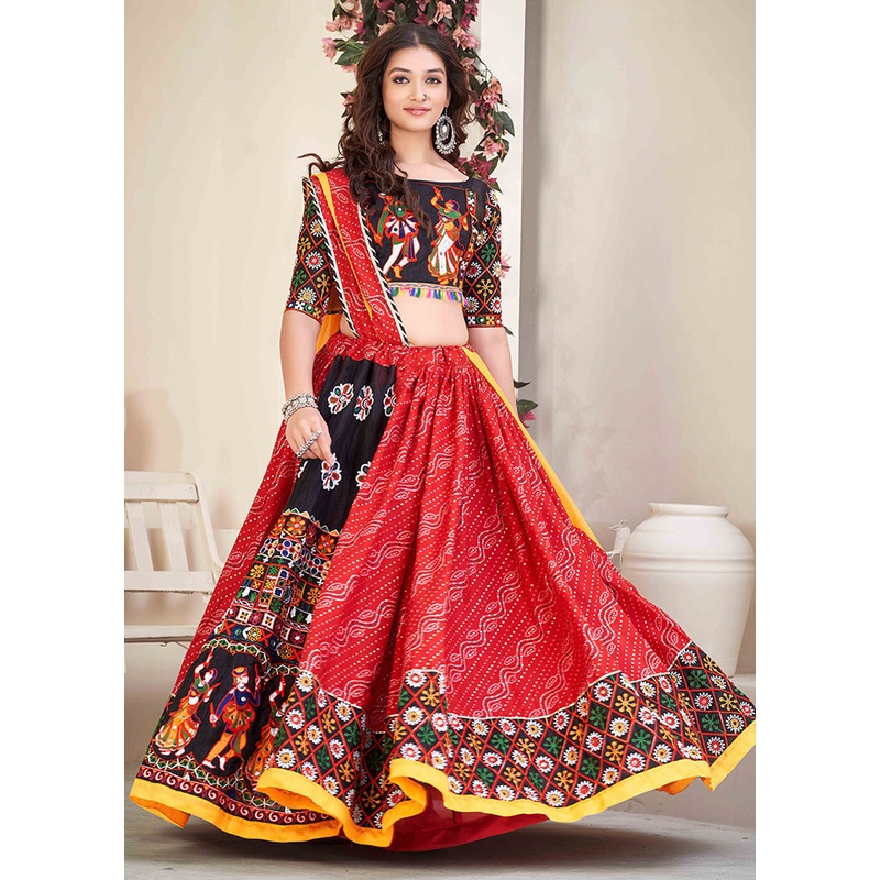 3 Pc Red Cotton Semi Stitched Lehenga Set - JD986613657