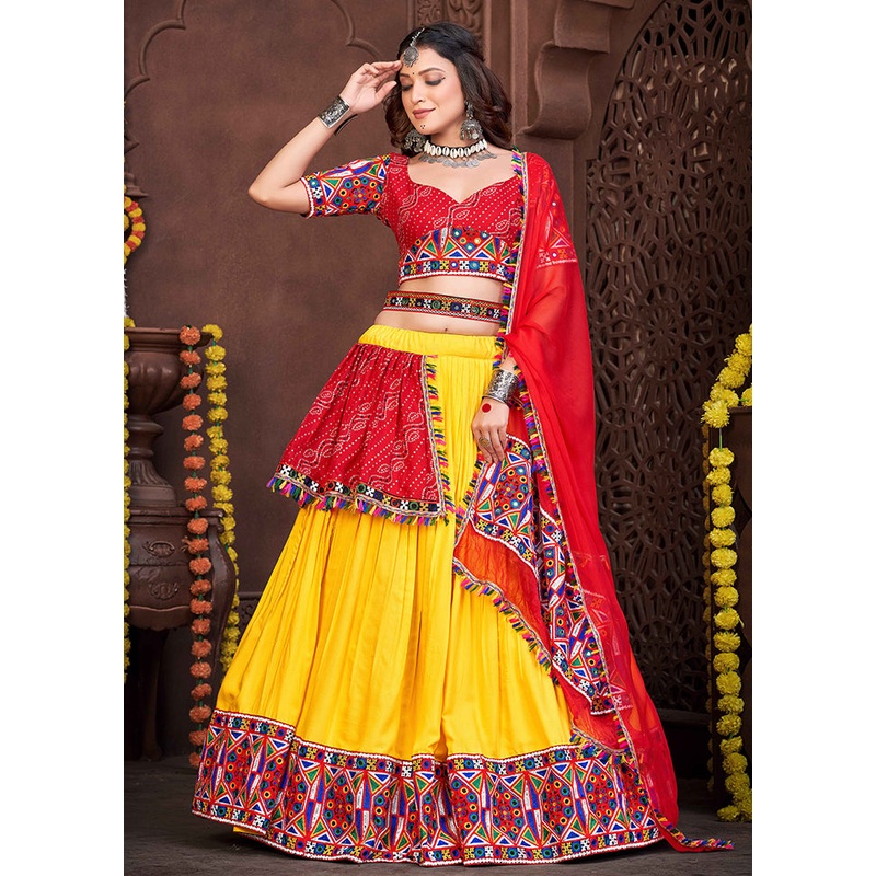 3 Pc Red & Yellow Georgette Semi Stitched Lehenga Set - JD986613643