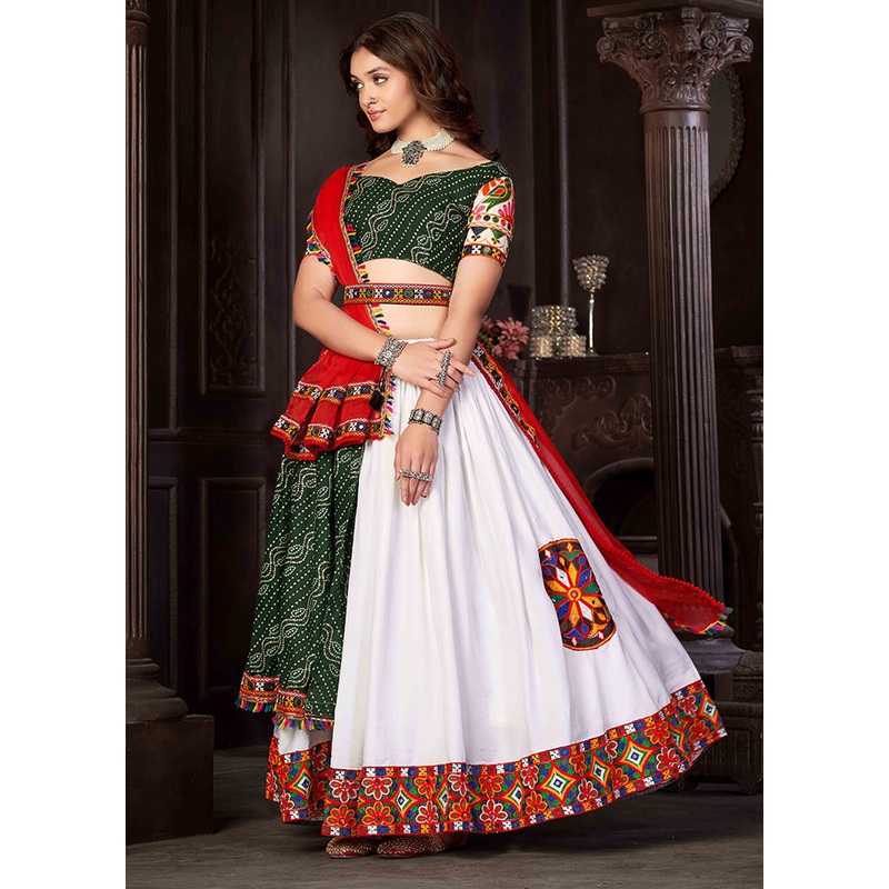 3 Pc White Cotton Semi Stitched Lehenga Set - JD986613656