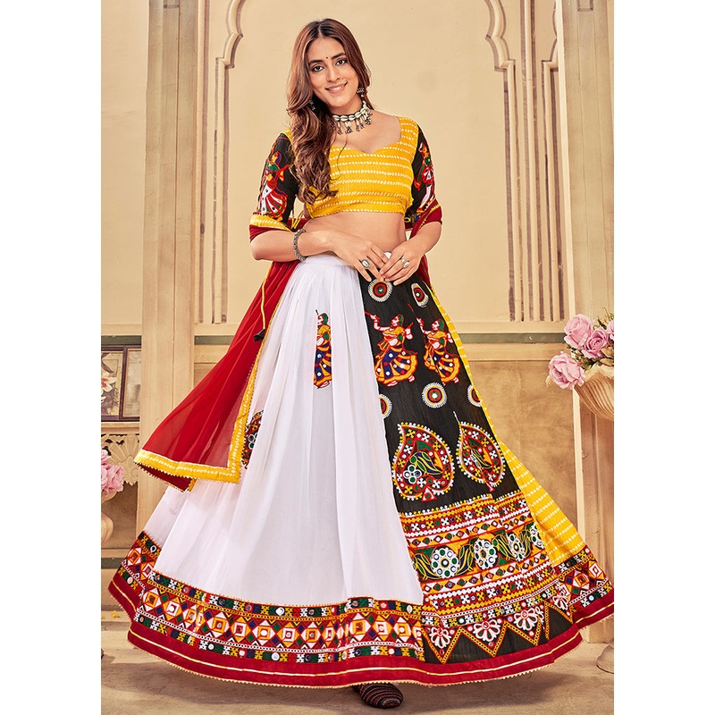 3 Pc White Cotton Semi Stitched Lehenga Set - JD986613658
