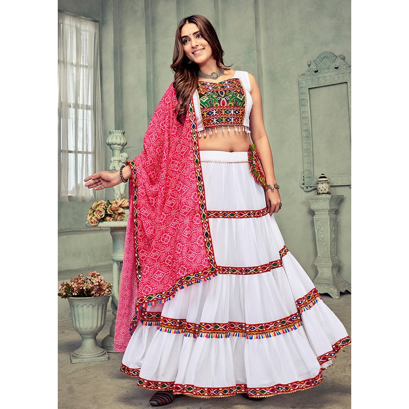 3 Pc White Georgette Semi Stitched Lehenga Set - JD986613642