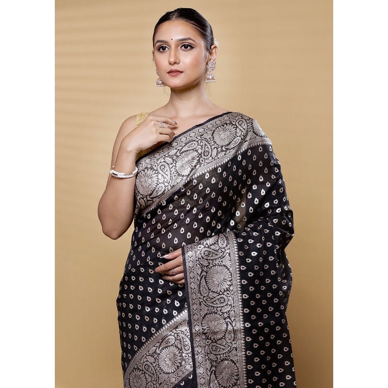 Black Dupion Silk Saree With Blouse Piece - JD986613641