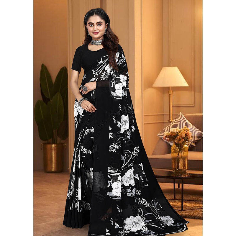 Black Georgette Saree With Blouse Piece - JD986613524
