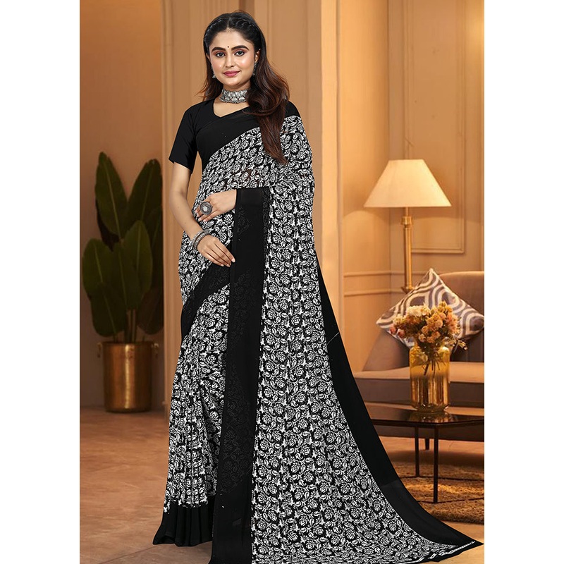 Black Georgette Saree With Blouse Piece - JD986613534