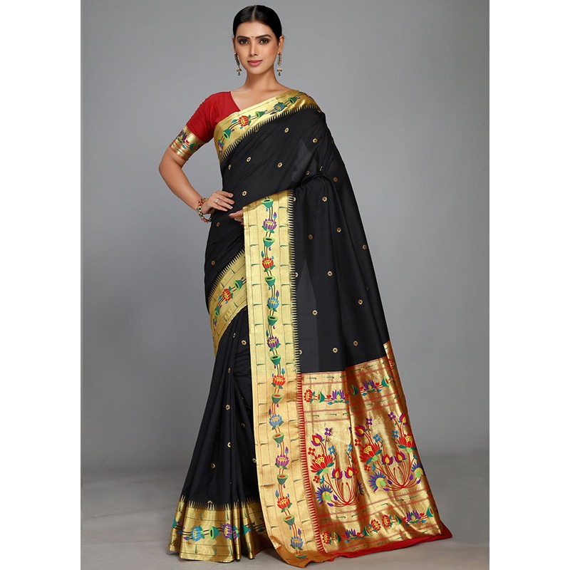 Black Paithani Spun Silk Saree With Blouse Piece - JD986613591
