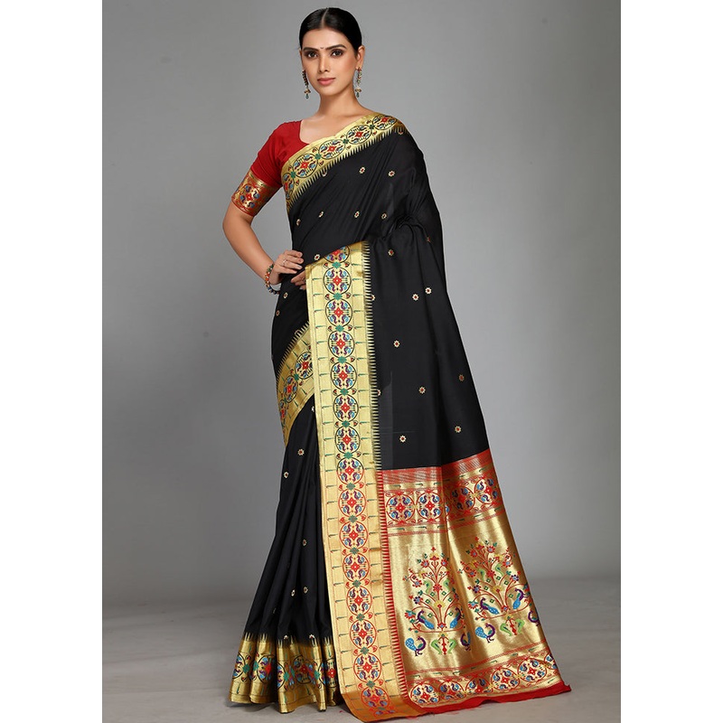 Black Paithani Spun Silk Saree With Blouse Piece - JD986613596