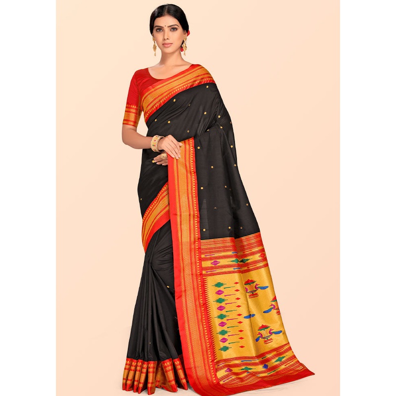 Black Paithani Work Spun Silk Saree With Blouse Piece - JD986613572
