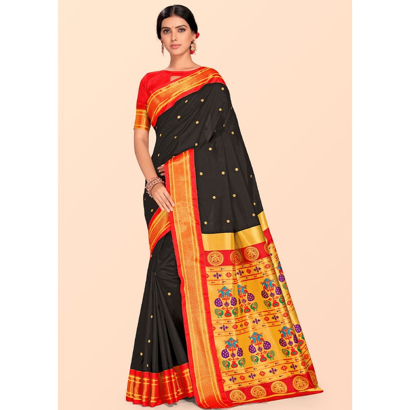 Black Paithani Work Spun Silk Saree With Blouse Piece - JD986613580