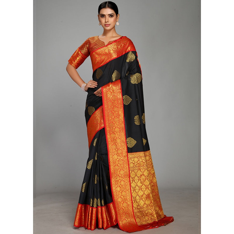 Black Spun Silk Saree With Blouse Piece - JD986613607