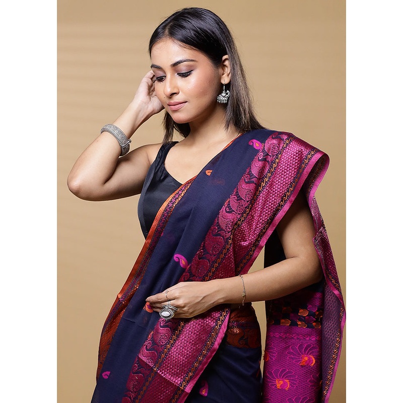 Blue Cotton Saree With Blouse Piece - JD986613521