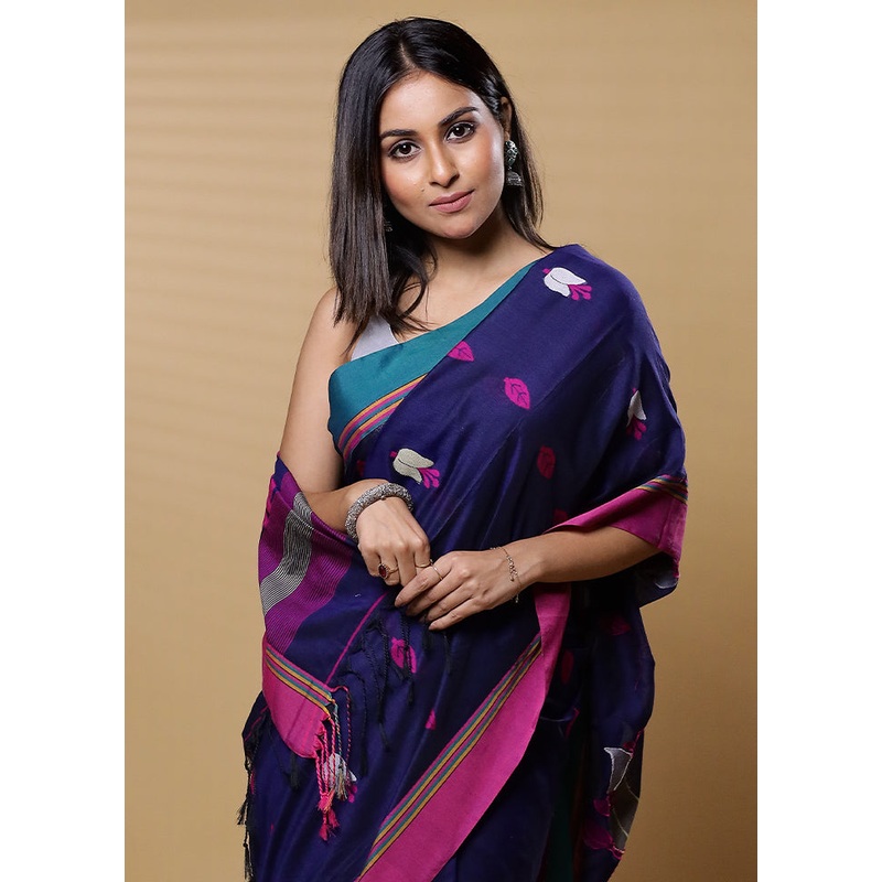 Blue Cotton Saree With Blouse Piece - JD986613620