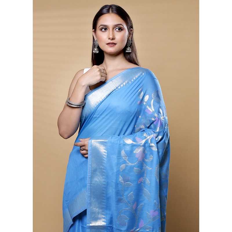 Blue Cotton Saree With Blouse Piece - JD986613639