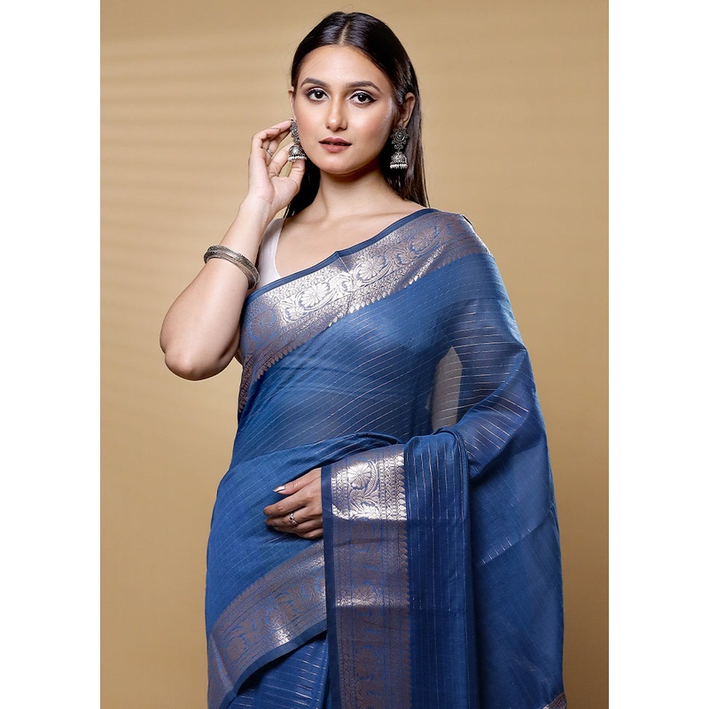 Blue Cotton Saree With Blouse Piece - JD986613640