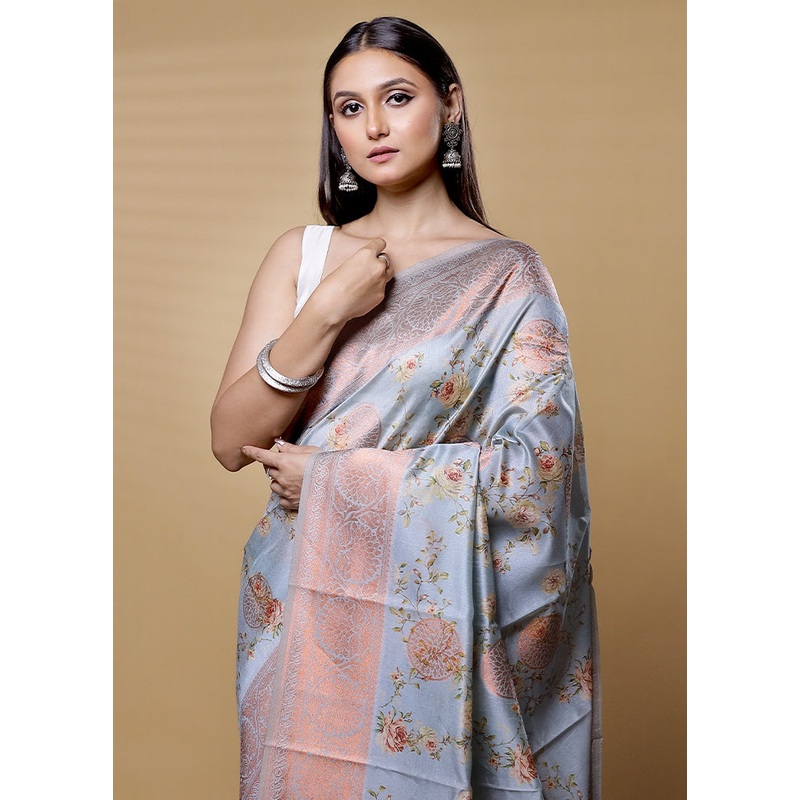 Blue Dupion Silk Saree With Blouse Piece - JD986613635