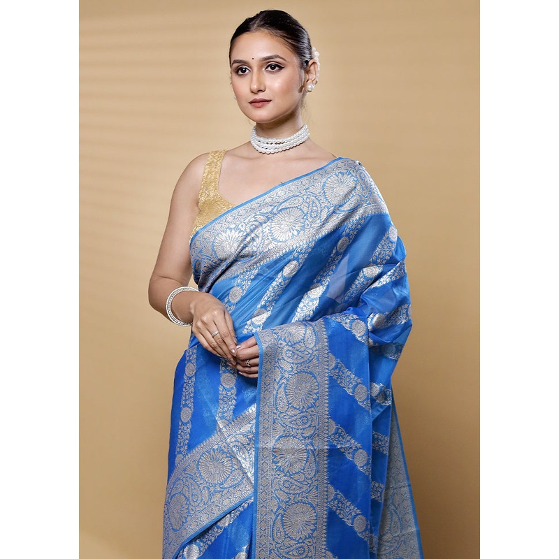 Blue Dupion Silk Saree With Blouse Piece - JD986613637